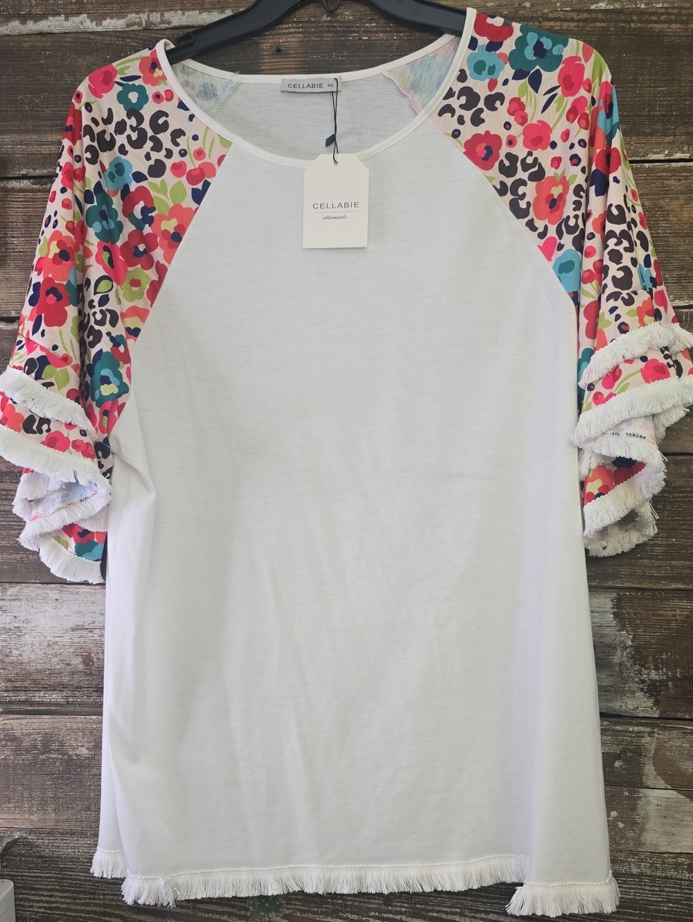 White Tee with Floral Contrast Sleeves